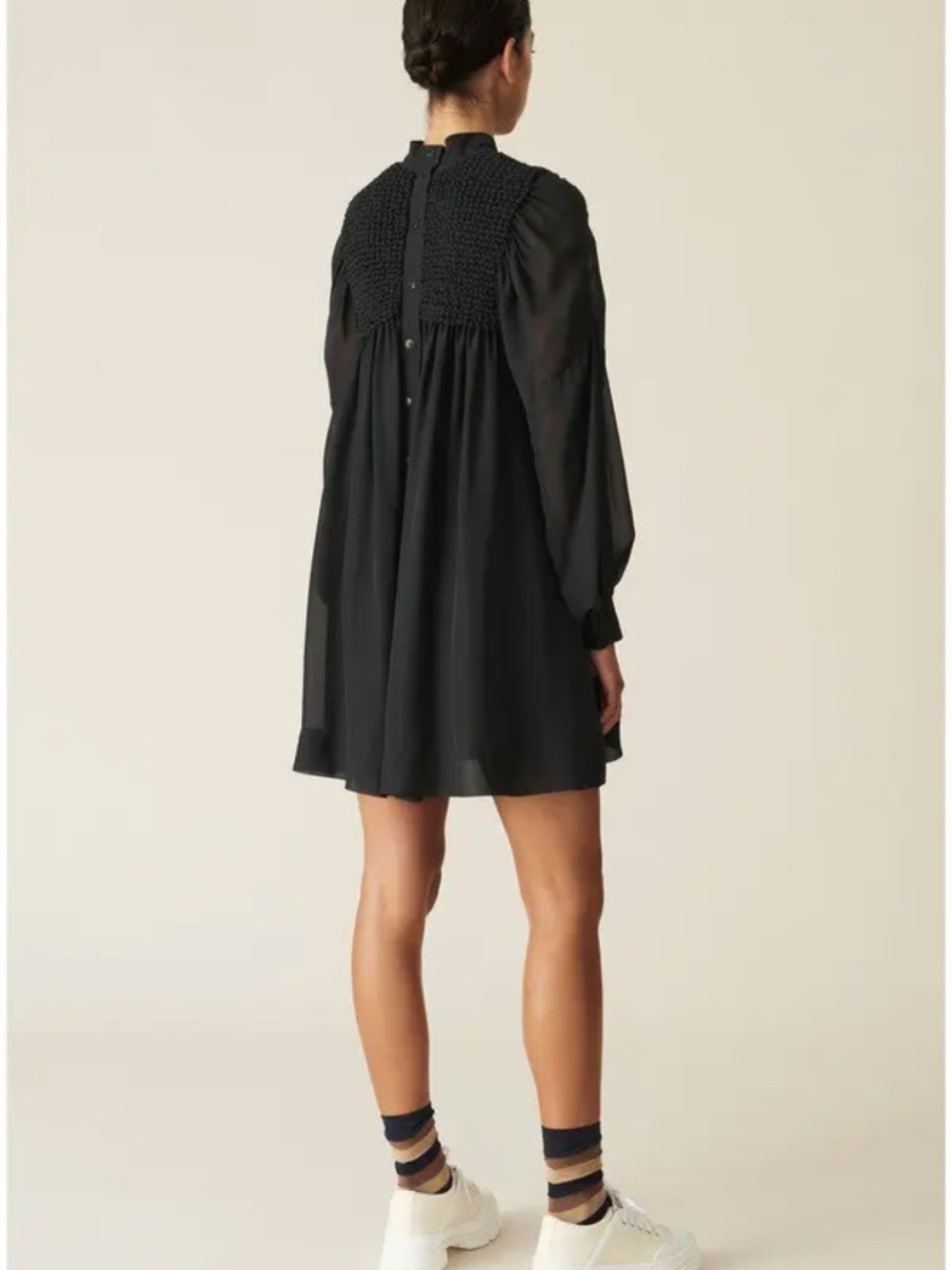 GANNI Phantom Black Smocked Chiffon Mini Dress Size 38 NWT